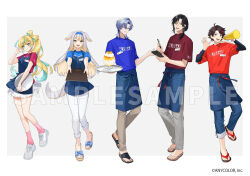 2girls 3boys ahoge alternate_costume animal_ears apron black_hair black_shirt blonde_hair blue_apron blue_hair blue_shirt border bow-shaped_hair brown_hair brown_pants colored_inner_hair colored_tips commentary_request copyright_notice cup denim dog_ears dog_girl dog_tail flip-flops full_body glasses green_hair grey_background grey_hair grey_pants holding holding_cup holding_megaphone holding_pen holding_tray isamu jeans long_hair looking_at_viewer megaphone milan_kestrel multicolored_hair multiple_boys multiple_girls nijisanji nijisanji_fes_t-shirt no_socks official_art open_mouth pants pants_rolled_up pen pink_socks red_eyes red_hair red_shirt saegusa_akina sample_watermark sandals shellin_burgundy shioriha_ruri shirt shoes short_hair simple_background skirt smile sneakers socks streaked_hair t-shirt tachitsute_toto tail tray undershirt virtual_youtuber waist_apron watermark white_border white_pants white_shoes white_skirt 