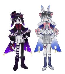  2boys animal_ear_hairband animal_ears antenna_hair asymmetrical_legwear black_boots black_bridal_gauntlets black_capelet black_eyes black_hair black_hairband black_hat black_jacket black_pantyhose black_thighhighs blue_capelet blue_socks boots bow bowtie bridal_gauntlets buttons capelet center_frills closed_mouth colored_skin commentary_request dot_mouth dot_nose double-breasted double-parted_bangs dual_persona empty_eyes fake_animal_ears frilled_capelet frills full_body fur-trimmed_capelet fur-trimmed_sleeves fur_trim gloves grey_shorts hair_behind_ear hair_between_eyes hair_bow hairband hand_on_own_hip hat hat_tip heterochromia highres holding holding_knife interlocked_fingers jacket kitchen_knife knee_boots knife lace-up_boots legs_together legwear_garter long_sleeves looking_at_viewer lop_rabbit_ears male_focus mini_hat mini_top_hat multiple_boys no_pupils omori omori_(omori) own_hands_clasped own_hands_together pantyhose pink_bow pink_bowtie puffy_long_sleeves puffy_sleeves rabbit_ear_hairband rabbit_ears raised_inner_eyebrows red_bow red_bowtie rou_(h_s_sinrin) see-through_clothes see-through_veil shirt short_hair shorts simple_background single_leg_pantyhose smile socks standing striped_clothes striped_thighhighs sunny_(omori) suspender_shorts suspenders thigh-highs thigh_strap top_hat two-tone_thighhighs veil very_short_hair white_background white_eyes white_gloves white_hairband white_shirt white_shorts white_skin white_thighhighs 