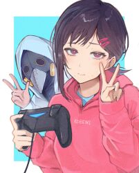  1boy 1girl black_hair chainsaw_man closed_mouth controller game_controller higashiyama_kobeni highres holding holding_controller holding_game_controller hood hood_up hoodie looking_at_viewer mole mole_under_eye mole_under_mouth pink_hoodie plague_doctor_mask sakuranuts00 single_sidelock sweat v violence_fiend_(chainsaw_man) violet_eyes w 