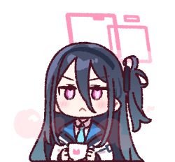  1girl :&lt; aris_(blue_archive) black_hair black_hairband blue_archive blue_necktie blush chibi chibi_only closed_mouth commentary cup double-parted_bangs hair_between_eyes hairband halo holding holding_cup long_hair long_hair_between_eyes long_sleeves looking_at_viewer lowres necktie one_side_up pink_eyes pink_halo rectangular_halo shirt simple_background solo symbol-only_commentary upper_body v-shaped_eyebrows white_background white_shirt yoru_nai 