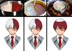  1boy absurdres blue_eyes boku_no_hero_academia closed_mouth collared_shirt commentary_request food grey_jacket hair_between_eyes heterochromia highres hotpot jacket kariki_hajime male_focus multicolored_hair multiple_views necktie photo_inset red_eyes red_hair red_necktie shirt short_hair split-color_hair todoroki_shoto two-tone_hair variations white_hair 