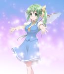  1girl absurdres blush bow breasts byeontae_jagga daiyousei fairy_wings green_eyes green_hair hair_bow highres large_breasts long_hair looking_at_viewer necktie outstretched_arms side_ponytail smile solo touhou wings 