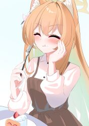  1girl absurdres animal_ear_fluff animal_ears blue_archive blush cake cake_slice cat_ears cat_girl closed_eyes collared_shirt commentary_request dress eating elbow_rest flower food food_on_face fork fruit hair_flower hair_ornament halo hand_on_own_cheek hand_on_own_face highres holding holding_fork long_hair long_sleeves mari_(blue_archive) natsuki_shiki orange_hair pinafore_dress plate shirt sleeveless sleeveless_dress smile solo strawberry strawberry_shortcake table very_long_hair 