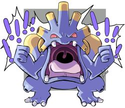  ! !! absurdres clenched_hand dated destinywebgio exploud highres looking_at_viewer no_humans open_mouth pokemon pokemon_(creature) red_eyes shouting tongue uvula 