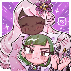  2girls blunt_bangs blush border chain chained_wrists closed_eyes closed_mouth commentary_request dark-skinned_female dark_skin dot_nose ear_piercing eyelashes glint green_ahir green_eyes hair_ornament heart holding holding_chain jacinthe_(pokemon) lebanne_(pokemon) long_hair maid_headdress mega_stone multiple_girls piercing pink_hair pokemon pokemon_legends:_z-a smile spoken_heart sweatdrop teeth very_dark_skin white_border white_headdress 