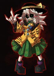  1girl \m/ black_background black_hat black_sclera black_shoes blush_stickers colored_sclera commentary commission elemenopii english_commentary friday_night_funkin&#039; full_body glowing glowing_eyes green_eyes green_skirt hat hat_ribbon highres koishi_komeiji&#039;s_heart-throbbing_adventure komeiji_koishi long_hair long_sleeves looking_at_viewer ribbon shirt shoes skirt solo touhou white_hair yellow_ribbon yellow_shirt 