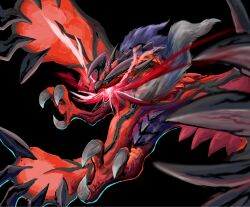  black_background blue_eyes blue_sclera claws colored_sclera fangs highres horns komagome no_humans open_mouth pokemon pokemon_(creature) pokemon_focus sharp_teeth simple_background solo talons teeth wings yveltal 