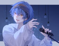  1boy blue_background blue_hair blue_hairband commentary english_commentary grey_jacket hair_between_eyes hairband hands_up hanging_light highres holding holding_microphone jacket letterboxed light_bulb long_sleeves male_focus microphone mooshiki open_mouth orange_eyes original outside_border short_hair smile solo turning_head upper_body 
