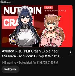  2girls animal_ears apron ayunda_risu ayunda_risu_(1st_costume) beret blaparky blue_eyes blue_hair brown_hair green_eyes hat highres hololive hololive_english hololive_indonesia jacket kronii_coin_(meme) looking_at_viewer maid maid_apron meme multiple_girls official_alternate_costume ouro_kronii ouro_kronii_(4th_costume) own_hands_together pink_hat pink_jacket shirt smile squirrel_ears squirrel_girl squirrel_tail tail virtual_youtuber white_apron white_hat white_shirt 