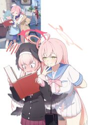  &lt;|&gt;_&lt;|&gt; 2girls absurdres afterimage ahoge arm_behind_back bare_shoulders beret black_cardigan black_hat black_wings blue_archive blue_sailor_collar blush book bow bowtie breast_pocket breasts bright_pupils buttons cardigan character_request closed_mouth commentary company_connection cowboy_shot double-breasted embarrassed feathered_wings film_grain flapping fuhao10708 furrowed_brow green_eyes hair_between_eyes half-closed_eyes halo hanako_(blue_archive) hand_up hat highres huge_ahoge koharu_(blue_archive) large_breasts long_hair long_sleeves low_wings midriff miniskirt motion_lines multiple_girls nose_blush official_art_inset open_book orange_halo pink_bow pink_bowtie pink_hair pink_halo pleated_skirt pocket raised_inner_eyebrows reading red_halo red_skirt reference_inset sailor_collar school_uniform serafuku shirt simple_background skirt smile split_mouth stella_sora straight_hair symbol-only_commentary twintails very_long_hair white_background white_pupils white_serafuku white_shirt white_skirt wing_flapping winged_halo wings yostar 