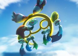 blue_sky bo_(bouillustration) chimecho clouds colored_sclera full_body happy highres looking_at_viewer mega_chimecho mega_pokemon no_humans open_mouth pokemon pokemon_(creature) pokemon_focus pokemon_legends:_z-a sky smile solo wind_chime yellow_eyes yellow_sclera