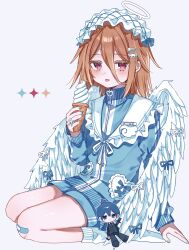  1boy angel angel_devil_(chainsaw_man) angel_wings bandaid bandaid_on_knee bandaid_on_leg blue_jacket blue_nails blush brown_hair chainsaw_man character_doll commentary_request doll double-parted_bangs feathered_wings fingernails food frilled_hairband frills full_body hair_between_eyes hair_ornament hairband hairclip halo hayakawa_aki highres hiro_0607 holding holding_food holding_ice_cream holding_ice_cream_cone ice_cream ice_cream_cone jacket jersey_maid long_hair_between_eyes long_sleeves looking_at_viewer maid male_focus medium_hair nail_polish pink_eyes sailor_collar seiza simple_background sitting socks solo tongue tongue_out trap unconventional_maid white_background white_hairband white_halo white_sailor_collar white_socks white_wings wings 