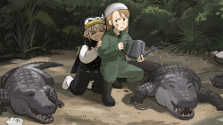  2girls absurdres alligator bandaid bandaid_on_face binoculars bird black_boots black_overalls black_scarf boots brown_hair bush closed_eyes crocodile_keeper_(diva) crocodilian diva_(hyxpk) donut_stamp duck english_commentary green_jacket green_pants grey_hair hat highres holding holding_watering_can jacket long_hair multiple_girls overalls pants penguin_hat penguin_keeper_(diva) scared scarf shirt short_hair watering_can white_boots white_shirt zoo zookeeper zookeepers_(diva) 