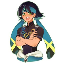  1girl aqua_hair aqua_headband black_hair black_shirt buttercup_(ppg) cosplay crossed_arms debodraw earrings genshin_impact green_eyes hair_between_eyes headband jewelry kinich_(genshin_impact) kinich_(genshin_impact)_(cosplay) multicolored_hair open_mouth powerpuff_girls shirt short_hair short_sleeves solo tan two-tone_hair 