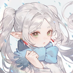 1girl artist_name blue_scarf chinese_commentary closed_mouth commentary_request earrings elf frieren glint green_eyes hand_up ichisaku jacket jewelry long_hair long_sleeves looking_at_viewer parted_bangs pointy_ears portrait scarf solo sousou_no_frieren twintails watermark weibo_watermark white_hair white_jacket wind 