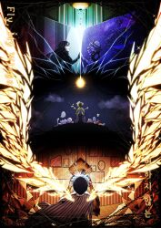  2boys 2girls alfonso_(project_moon) black_hair black_jacket brown_hair chain coat crack cracked_glass crow's_eye_view_(e.g.o) dongrang_(project_moon) e.g.o_(project_moon) eyeball flower fly_my_wings green_streaks grey_coat hat highres jacket korean_text limbus_company long_hair multicolored_hair multiple_boys multiple_girls project_moon spicebush_(e.g.o) streaked_hair suillus the_tearful_thing_(project_moon) very_long_hair white_hat wings yellow_flower yi_sang_(project_moon) 