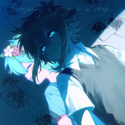  2boys :d ^_^ antenna_hair arms_at_sides back-to-back basil_(faraway)_(omori) basil_(headspace)_(omori) basil_(omori) blue_eyes blue_hair blue_overalls blue_shirt buttons child chromatic_aberration closed_eyes closed_mouth collared_shirt double-parted_bangs dual_persona english_text flipped_hair flower flower_wreath frown glowing glowing_eyes green_sweater_vest grey_hair hair_between_eyes hashtag-only_commentary head_wreath highres leaf looking_up lying makucrp male_focus multiple_boys omori on_back open_mouth overalls photo_(object) pink_flower profile red_flower red_rose rose shirt short_hair sidelocks sideways_mouth smile split_theme squiggle sweater_vest upper_body white_shirt yellow_flower 