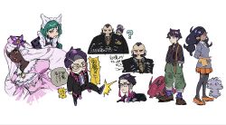  absurdres aged_down apron arbok ascot black_suit brooch collared_shirt corbeau_(pokemon) dirty dirty_clothes dress emma_(pokemon) espurr fascinator frills glasses green_hair hat highres jacinthe_(pokemon) jacket jewelry juliet_sleeves lebanne_(pokemon) long_sleeves low_drills maid maid_apron master_and_servant mohawk necktie open_mouth patchwork_clothes philippe_(pokemon) pokemon pokemon_legends:_z-a puffy_sleeves purple_dress purple_hair purple_hat purple_shirt purple_socks round_eyewear shirt short_hair sideburns slit_pupils socks suit suit_jacket suspenders ta0oxo0ma venipede yellow_background 