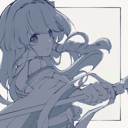  1girl absurdres bare_shoulders blush border detached_sleeves frog_hair_ornament from_side gohei greyscale hair_intakes hair_ornament hair_tubes highres holding holding_gohei kochiya_sanae long_hair long_sleeves looking_at_viewer monochrome nazawa_(nother) open_mouth shirt simple_background single_hair_tube single_sidelock sleeveless sleeveless_shirt snake_hair_ornament solo touhou upper_body white_background wide_sleeves 