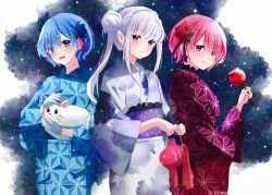  3girls :d absurdres animal asa_no_ha_(pattern) bag blue_eyes blue_flower blue_hair blue_kimono blush braid candy_apple cat closed_mouth elf emilia_(re:zero) flower food gloves grey_hair grey_kimono hair_bun hair_flower hair_ornament hair_over_one_eye hair_ribbon highres holding holding_animal holding_bag holding_food japanese_clothes kimono long_hair long_sleeves looking_at_viewer multiple_girls obi open_mouth pink_eyes pink_hair pink_ribbon pointy_ears pouch print_kimono purple_ribbon rain_re_a ram_(re:zero) re:zero_kara_hajimeru_isekai_seikatsu red_eyes red_flower red_kimono rem_(re:zero) ribbon sash short_hair siblings single_hair_bun sisters sky smile standing star_(sky) starry_sky twins violet_eyes white_gloves white_hair white_kimono wide_sleeves x_hair_ornament yukata 