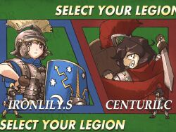  2girls armor black_hair borrowed_character brown_eyes cape closed_mouth commentary constricted_pupils english_commentary english_text evocatus_(centurii-chan) gladius grin helmet holding holding_sword holding_weapon ironlily multiple_girls original plume red_cape roman_armor scutum sharp_teeth shield short_hair short_sleeves smile sword teeth upper_body weapon 