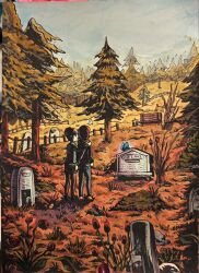  2girls arm_around_shoulder character_request commentary day denim english_commentary english_text flower forest graveyard highres jeans life_is_strange_(series) long_sleeves maxcrackfield multiple_girls nature outdoors painting_(medium) pants photo_(medium) scenery shirt short_hair skirt standing tombstone traditional_media tree tulip watercolor_(medium) wide_shot wooden_floor 