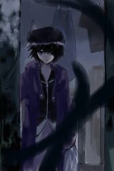  1other absurdres androgynous baggy_shorts black_hair black_hat black_shirt buttons chinese_commentary closed_mouth clothesline clouds cloudy_sky collared_shirt commentary_request cowboy_shot detached_hood doorway english_commentary fence frilled_headwear frown hair_over_one_eye hat highres hood hood_down hooded_jacket jacket len&#039;en long_sleeves looking_at_viewer mixed-language_commentary mob_cap open_clothes open_jacket opening_door other_focus outdoors pov_doorway purple_jacket shirt shitodo_kuroji short_hair shorts sky sleeves_past_fingers sleeves_past_wrists solo standing straight-on triangular_headpiece unamused violet_eyes white_shorts wide_sleeves yancao_(pixiv_103434280) zipper zipper_pull_tab 
