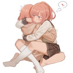  2girls amaori_haruna amaori_renako heart hug leg_lock milktea_(gggrrr2000) multiple_girls pink_hair ponytail sailor_collar school_uniform serafuku shirt short_hair siblings simple_background sisters skirt socks straddling upright_straddle violet_eyes watashi_ga_koibito_ni_nareru_wake_naijan_murimuri! white_background white_shirt yuri 