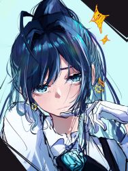  1girl ado_(utaite) aegyo_sal blue_eyes blue_hair blush chando_(ado) closed_mouth commentary earrings gloves hashtag-only_commentary highres jewelry long_hair looking_at_viewer ponytail shirt solo sparkle tanake_(tanakei_ado) upper_body utaite white_gloves white_shirt 