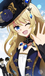  1girl 2boys ;d black_hat blonde_hair blue_eyes dress flower genshin_impact hat hat_flower highres long_hair looking_at_viewer multiple_boys navia_(genshin_impact) one_eye_closed open_mouth rose smile solo_focus upper_body yyukisnow 