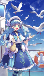  1girl absurdres aqua_bow asymmetrical_legwear bag bird blue_dress blue_eyes blue_hair blue_ribbon blue_sky blush bow clouds commentary_request dress duel_monster dutch_angle feet_out_of_frame flag frilled_dress frills hat highres holding holding_bag island kanzakietc long_hair looking_at_another ocean outdoors ribbon sailor sailor_collar sailor_hat sky smile solo staysailor_romarin twintails yu-gi-oh! 