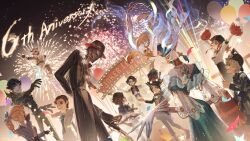  4girls 6+boys :d aerial_fireworks alice_deross anniversary arm_behind_back arms_up ascot backpack backwards_hat bag balloon bandage_over_one_eye baseball_cap beard black_bow black_bowtie black_coat black_gloves black_hair black_hat black_jacket black_pants black_scarf black_shirt black_shoes black_skirt black_suit black_vest blank_eyes blonde_hair blue_eyes blue_ribbon bow bowtie brown_eyes brown_hair brown_pants button_eyes buttons charles_holt charles_holt_(strange_dream) closed_mouth coat collared_shirt colored_skin comb_over control_bar curtained_hair domino_mask dress drill_hair drill_ponytail earrings emma_woods emma_woods_(stage_host) eye_mask eye_trail facial_hair fake_horns feet_out_of_frame fingernails fire_helmet firefighter fireworks floating floating_hair floral_print florian_brand flower fool&#039;s_gold_(identity_v) full_beard full_body fur-trimmed_jacket fur_trim gem gloves gold_choker gold_necklace green_ascot green_dress green_eyes green_gemstone grey_jacket grey_skin grey_vest grin hair_over_eyes hair_over_one_eye hair_ribbon hair_slicked_back hand_to_own_mouth hat hat_ornament highres holding holding_balloon holding_matchstick holding_pom_poms horned_headwear horns identity_v ivy_(identity_v) jack_(identity_v) jack_(tuberose)_(identity_v) jacket jewelry lapels light_trail lily_barriere long_hair long_sleeves looking_at_another looking_at_viewer looking_up louis_(identity_v) makeup mask material_growth matthias_czernin monocle multicolored_hair multiple_boys multiple_girls mustache necklace neri_(zooorooo-1115) night notched_lapels off-shoulder_dress off_shoulder official_alternate_costume on_one_knee open_clothes open_jacket orange_hair orpheus_(identity_v) outdoors pant_suit pants parted_bangs pearl_(gemstone) pinstripe_coat pinstripe_pants pinstripe_pattern polka_dot polka_dot_socks pom_pom_(cheerleading) puppet red_lips red_socks ribbon ringlets runny_makeup scar scar_on_face scarf see-through_clothes see-through_sleeves sharp_fingernails shears shirt shoes short_hair single_glove skirt smile socks solid_eyes stage standing stitched_face stitched_mouth stitches streaked_hair stuffing suit suit_jacket sweater tassel tassel_earrings three-quarter_sleeves top_hat trilby twintails vest wavy_hair white_flower white_gloves white_hair white_jacket white_pants white_shirt white_sweater yellow_vest 