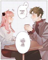  1boy 1girl aged_up ahoge anya_(spy_x_family) black_pantyhose black_sweater blush breasts brown_hair brown_skirt coat commentary cup damian_desmond english_text grey_coat grid_background hairpods highres holding holding_cup ideksams long_hair looking_at_another medium_breasts pantyhose parted_bangs parted_lips pink_hair short_hair sidelocks skirt spy_x_family sweater symbol-only_commentary table turtleneck turtleneck_sweater white_sweater 