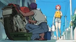  1boy 1girl :d backpack bag blue_pants blue_sky bucket building day gloves grey_shorts highres holding holding_bag kijou_madoka motor_vehicle motorcycle oshamanbe pants parted_bangs pink_hair plastic_bag ponytail power_lines protagonist_(tokimemo_gs) purple_hair sandals short_ponytail shorts sky smile tokimeki_memorial tokimeki_memorial_girl's_side tokimeki_memorial_girl's_side_1st_love toolbox walking 