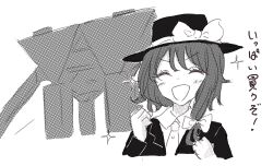  ! 1girl :d black_capelet black_hat blush bow brown_hair capelet clenched_hand collar excited hair_between_eyes hair_bow hat hat_bow highres kashiwada_kiiho necktie pocket shirt smile solo sparkle_print tagme touhou usami_renko white_bow white_collar white_shirt 