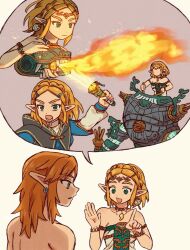  1boy 1girl armlet black_gloves blonde_hair blue_shirt bracelet braid breasts choker circlet crown_braid dress earrings flamethrower gloves gold_trim highres image_in_speech_bubble jewelry link magatama magatama_necklace medium_breasts medium_hair necklace open_mouth parted_bangs pointy_ears princess_zelda shirt short_hair shouting sidelocks smile strapless strapless_dress teardrop_facial_mark teateeeea the_legend_of_zelda the_legend_of_zelda:_tears_of_the_kingdom topless_male upper_body weapon white_background white_dress 