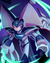  1boy absurdres arm_cannon armor bass_(mega_man) black_armor black_helmet chest_jewel cowboy_shot facial_mark forehead_jewel helmet highres mega_man_(classic) mega_man_(series) non-humanoid_robot robot robot_animal robot_dog solo_focus treble_(mega_man) weapon xenon_(xenonb) 