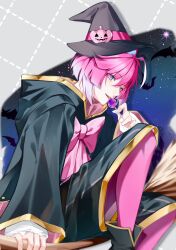  1boy ahoge black_cape black_hair bow broom broom_riding candy cape commentary dotted_line food gradient_hair hair_between_eyes hashtag-only_commentary hat highres holding holding_candy holding_food holding_lollipop lollipop looking_at_viewer male_focus meteorites_(stpr) mikasa_(meteorites) multicolored_hair pink_bow pink_hair short_hair sitting solo symbol-only_commentary tongue tongue_out violet_eyes witch_hat ymayma_da 