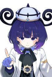  1girl absurdres belt belt_buckle black_dress blue_gloves bob_cut buckle channel_amacha clock coat dress gloves gwynn_(pokemon) hat highres index_finger_raised long_sleeves looking_at_viewer o-ring o-ring_belt open_clothes open_coat partially_fingerless_gloves pokemon pokemon_legends:_z-a purple_hair short_hair smile solo upper_body violet_eyes white_background white_coat 