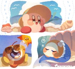  :d beach blue_eyes blush_stickers brown_hat clam_shell clouds commentary day fins fish_tail hat highres kirby kirby_(series) no_humans open_mouth outdoors signature smile summer sun sun_hat tail tokkakyou waddle_dee waddle_doo 