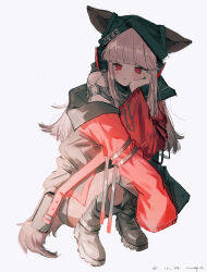  1girl absurdres animal_ears arknights bare_shoulders black_hat blush boots closed_mouth clothes_writing commentary dated ears_through_headwear english_commentary frostleaf_(arknights) grey_background grey_boots grey_hair grey_tail hat head_rest highres jacket knee_boots long_hair long_sleeves looking_at_viewer off_shoulder pppmepl red_eyes red_jacket simple_background single_sleeve_past_fingers solo tail 