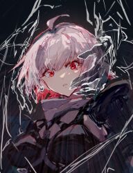  1girl ahoge ai_limit arrisa breasts grey_hair highres ken1212ab medium_breasts multicolored_hair red_eyes red_hair short_hair simple_background solo two-tone_hair upper_body 