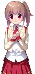 1girl ascot blush brown_hair collared_shirt cowboy_shot game_cg hands_up jacket large_variant_set long_hair long_sleeves looking_at_viewer miniskirt nanao_(mahaya) necktie non-web_source ochite_iku_seisenshi_lunatic_angels official_art open_clothes open_jacket own_hands_together parted_lips pleated_skirt red_ascot red_eyes red_necktie red_skirt school_uniform shindou_makina shirt side_ponytail simple_background skirt solo standing transparent_background variant_set white_background white_shirt yellow_jacket 