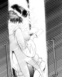  1other absurdres androgynous bare_legs book chinese_commentary coattails commentary_request english_commentary feet_out_of_frame frilled_headwear frilled_shorts frills from_behind greyscale hat highres holding holding_book hood hood_down hooded_jacket jacket len&#039;en long_sleeves mixed-language_commentary mob_cap monochrome open_book open_clothes open_door open_jacket other_focus puffy_shorts reading shirt shitodo_kuroji short_hair shorts solo sparkle triangular_headpiece wide_sleeves yancao_(pixiv_103434280) 