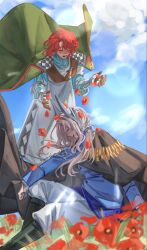  2girls :d ^_^ artist_name black_boots black_cape blue_eyes blue_jacket blue_shirt blue_sky boots cape closed_eyes clouds cloudy_sky coat coat_on_shoulders day dress falling_petals feet_out_of_frame flower gauntlets green_coat grey_hair hair_ornament head_down highres jacket lens_flare long_dress long_hair looking_at_another marsha_(reverse:1999) military_uniform multiple_girls on_ground open_mouth outdoors pants petals poppy_(flower) profile red_flower red_hair reverse:1999 sanmai sentinel_(reverse:1999) shirt short_hair sitting sky smile white_dress white_pants 