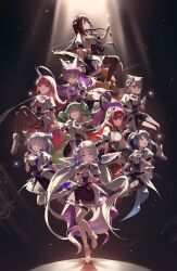  6+girls :d absurdres ahoge akane_lize animal_ears aokumo_rin arahashi_tabi ayatsuno_yuni black_hair black_pantyhose black_shorts black_skirt blue_eyes blue_hair blunt_bangs boots bow braid center_frills coat colored_inner_hair colored_lapels commentary_request cone_hair_bun corset double_bun english_commentary everyone feathered_wings floating floating_hair frilled_shirt frills green_eyes green_hair grey_eyes grey_hair h0kori hair_bow hair_bun hair_intakes hanako_nana hand_up hands_up high_heel_boots high_heels highres horns korean_commentary lapels long_hair looking_at_viewer looking_down looking_up matching_outfits medium_hair mixed-language_commentary multicolored_hair multiple_girls musical_note neneko_mashiro pantyhose parted_bangs petticoat pink_hair pleated_skirt purple_hair red_eyes red_hair shirayuki_hina shirt short_hair short_sleeves shorts single_horn skirt smile spotlight standing standing_on_one_leg stellive straight_hair tenko_shibuki thigh_strap twintails unicorn_horn very_long_hair violet_eyes virtual_youtuber white_boots white_coat white_shirt wings yuzuha_riko 