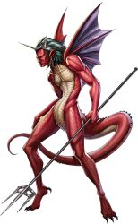  1boy artist_request belial_(megami_tensei) black_claws closed_mouth demon_(megami_tensei) dragon_boy dragon_tail earrings fake_horns frown green_hair highres holding holding_polearm holding_weapon horned_headwear horns jewelry official_art persona persona_5 persona_5:_the_phantom_x pointy_ears polearm red_scales shin_megami_tensei solo spiked_tail tail third-party_source transparent_background trident violet_eyes weapon wings 