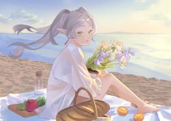  1girl absurdres apple barefoot basket beach bottle bouquet charcuterie earrings elf floating_hair food frieren fruit full_body grapes green_eyes grey_hair highres holding holding_bouquet ikachyu jewelry long_hair looking_at_viewer ocean orange_(fruit) orange_slice outdoors parted_bangs pointy_ears shirt sitting solo sousou_no_frieren twintails twitter_username white_shirt wind 