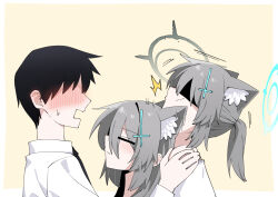  1boy 1girl absurdres animal_ear_fluff animal_ears b.t._(boob_tong) black_hair black_halo blue_archive blue_halo blush broken_halo cross cross_hair_ornament dark_halo extra_ears faceless faceless_male from_below grey_hair hair_ornament halo highres inverted_cross looking_at_another medium_hair no_eyes partially_shaded_face ponytail sandwiched sensei_(blue_archive) shiroko_(blue_archive) shiroko_terror_(blue_archive) short_ponytail upper_body wolf_ears wolf_girl 