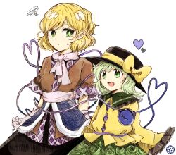  2girls arm_warmers black_hat black_skirt blonde_hair bow bright_pupils brown_shirt buttons closed_mouth collared_shirt commentary_request cowboy_shot diamond_button expressionless frilled_shirt_collar frilled_sleeves frills green_eyes green_hair green_skirt grey_sash grey_scarf hat hat_bow heart heart_of_string komeiji_koishi long_sleeves looking_at_another mizuhashi_parsee multiple_girls open_mouth pointy_ears scarf shirt short_hair short_sleeves simple_background skirt smile squiggle tama_(hiroshige_36) third_eye touhou white_background white_pupils yellow_bow yellow_shirt 